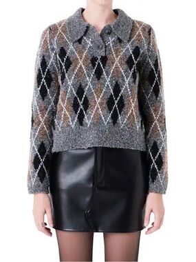 GREY LAB By Anthropologie Argyle Crewneck Sweater in Grey, Black, Brown XS